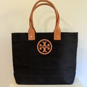 Tory Burch Black Cotton Canvas Tote Bag With Camel Leather Handles